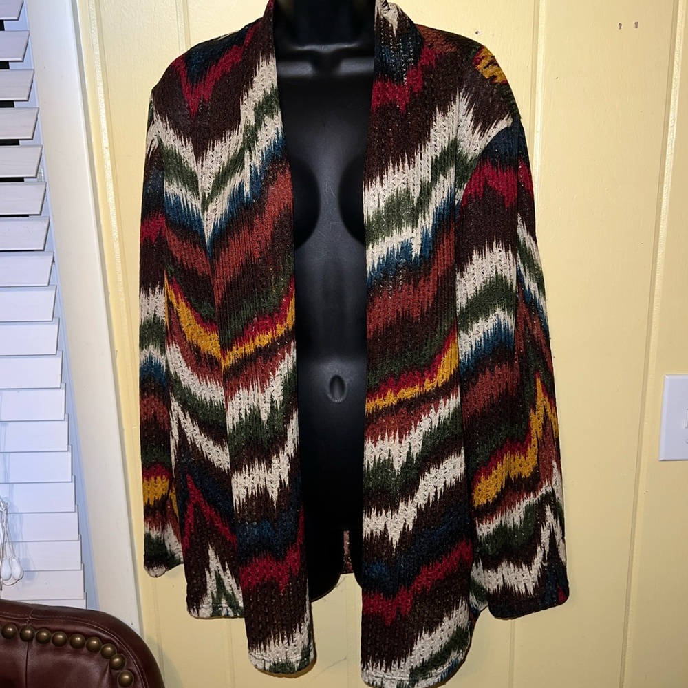 BonWorth Earthy Tone Chic Chevron Open Front Boho Long Sleeve Cardigan Size L